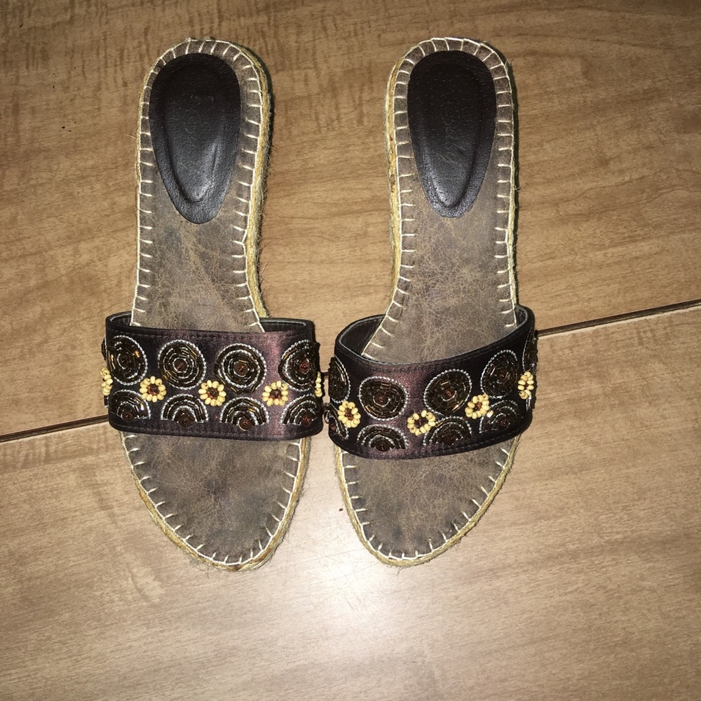 Brown beaded wedge slip-on heels - size 8.5